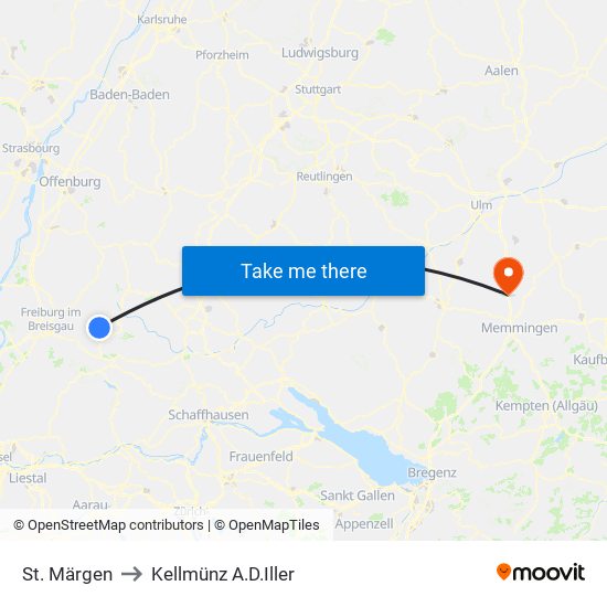 St. Märgen to Kellmünz A.D.Iller map