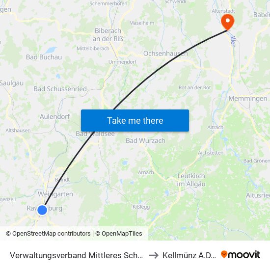 Verwaltungsverband Mittleres Schussental to Kellmünz A.D.Iller map