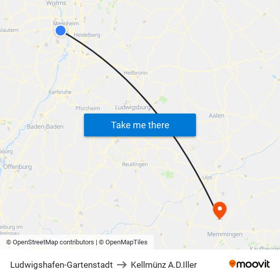 Ludwigshafen-Gartenstadt to Kellmünz A.D.Iller map