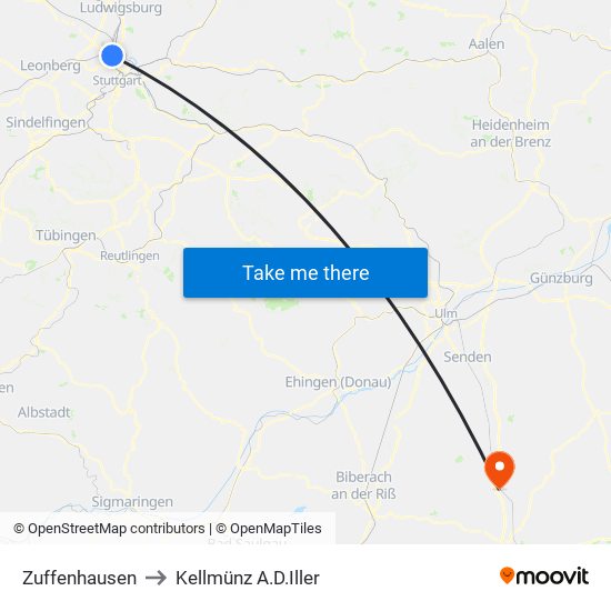 Zuffenhausen to Kellmünz A.D.Iller map