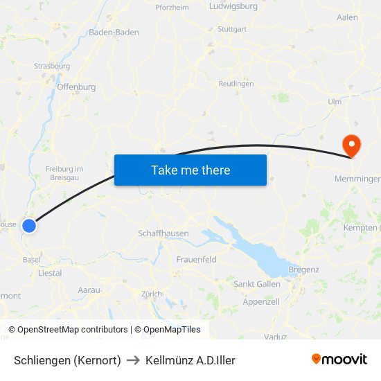 Schliengen (Kernort) to Kellmünz A.D.Iller map