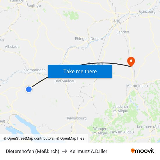 Dietershofen (Meßkirch) to Kellmünz A.D.Iller map