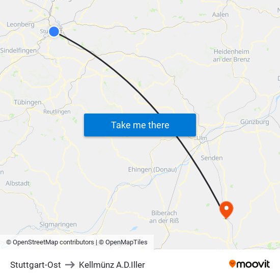 Stuttgart-Ost to Kellmünz A.D.Iller map