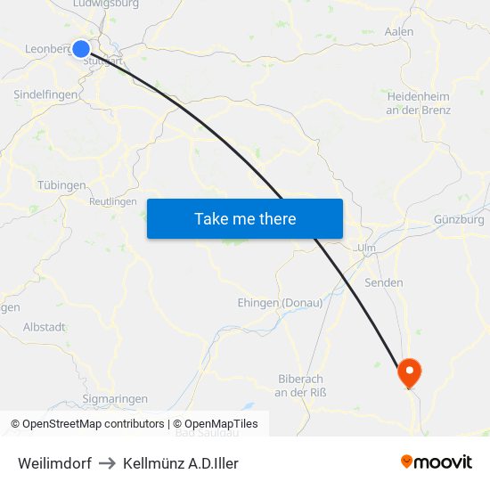 Weilimdorf to Kellmünz A.D.Iller map