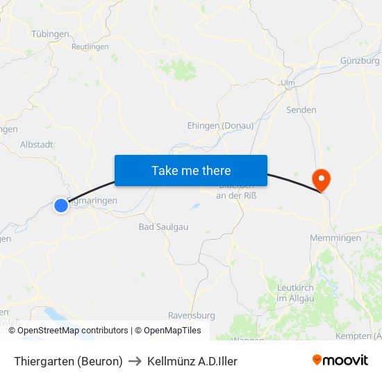 Thiergarten (Beuron) to Kellmünz A.D.Iller map