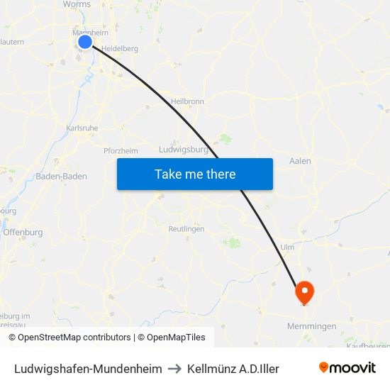 Ludwigshafen-Mundenheim to Kellmünz A.D.Iller map