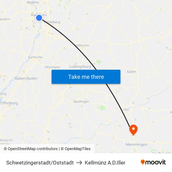 Schwetzingerstadt/Oststadt to Kellmünz A.D.Iller map