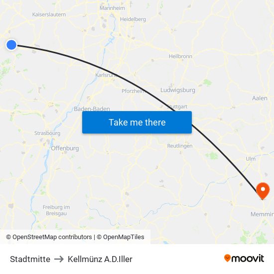 Stadtmitte to Kellmünz A.D.Iller map