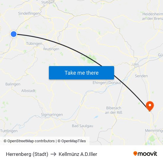 Herrenberg (Stadt) to Kellmünz A.D.Iller map