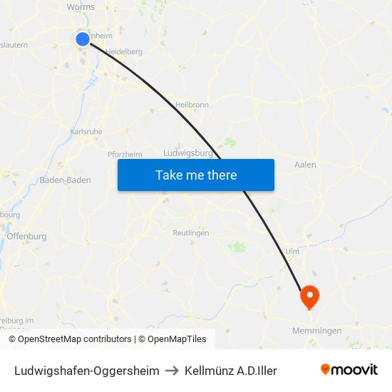 Ludwigshafen-Oggersheim to Kellmünz A.D.Iller map