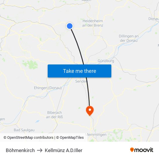 Böhmenkirch to Kellmünz A.D.Iller map