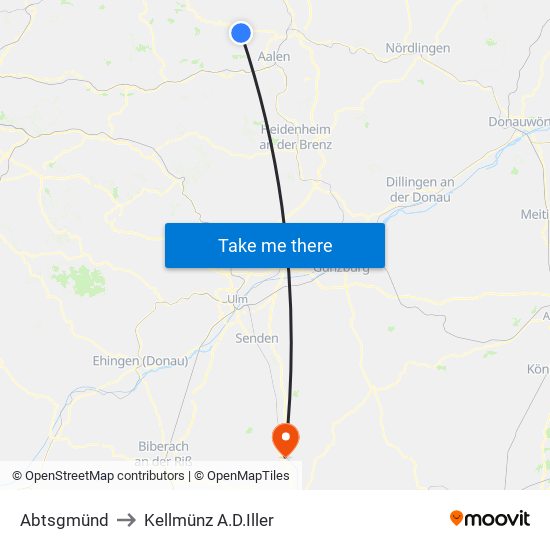 Abtsgmünd to Kellmünz A.D.Iller map