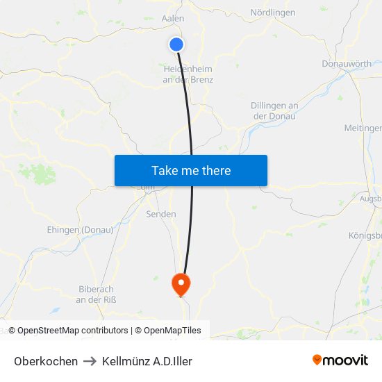 Oberkochen to Kellmünz A.D.Iller map