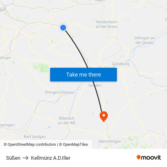 Süßen to Kellmünz A.D.Iller map