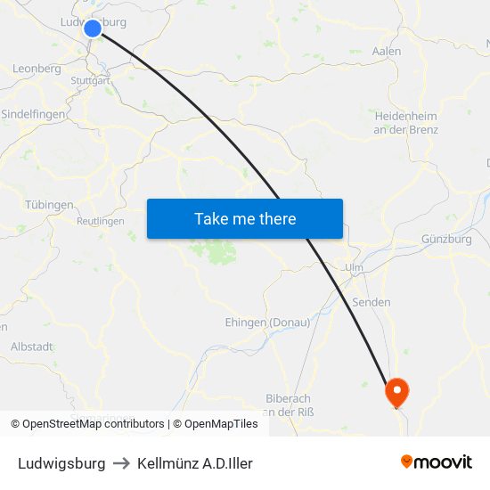 Ludwigsburg to Kellmünz A.D.Iller map