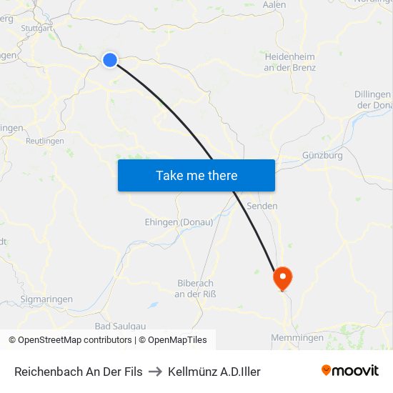 Reichenbach An Der Fils to Kellmünz A.D.Iller map