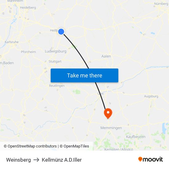 Weinsberg to Kellmünz A.D.Iller map