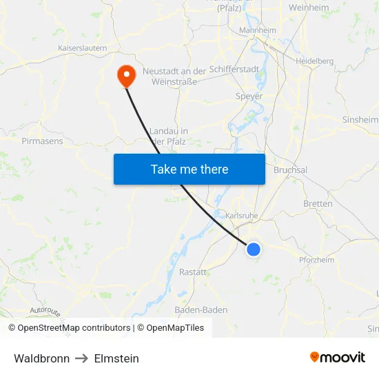 Waldbronn to Elmstein map