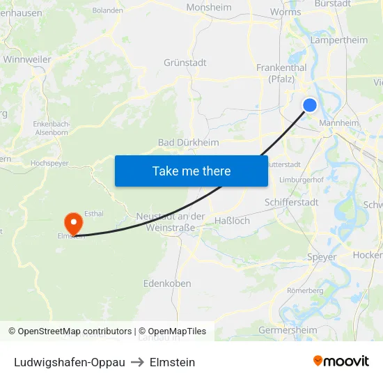 Ludwigshafen-Oppau to Elmstein map