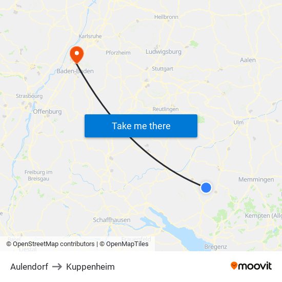 Aulendorf to Kuppenheim map