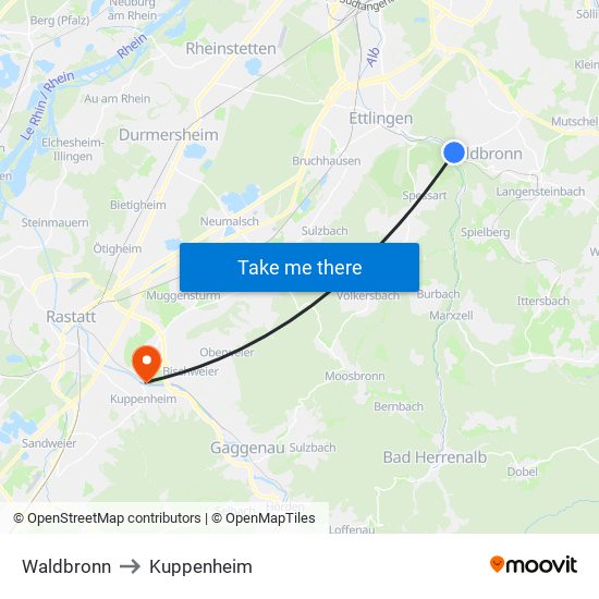 Waldbronn to Kuppenheim map