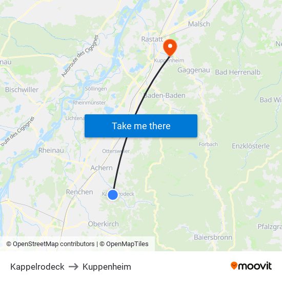 Kappelrodeck to Kuppenheim map