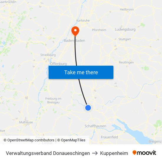 Verwaltungsverband Donaueschingen to Kuppenheim map