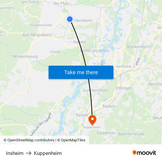 Insheim to Kuppenheim map