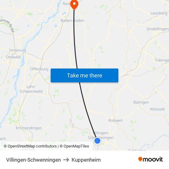 Villingen-Schwenningen to Kuppenheim map