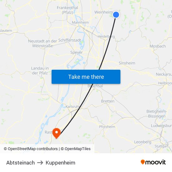 Abtsteinach to Kuppenheim map