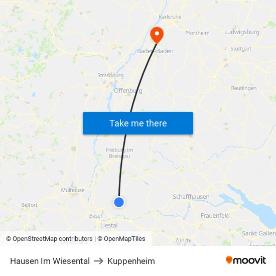 Hausen Im Wiesental to Kuppenheim map