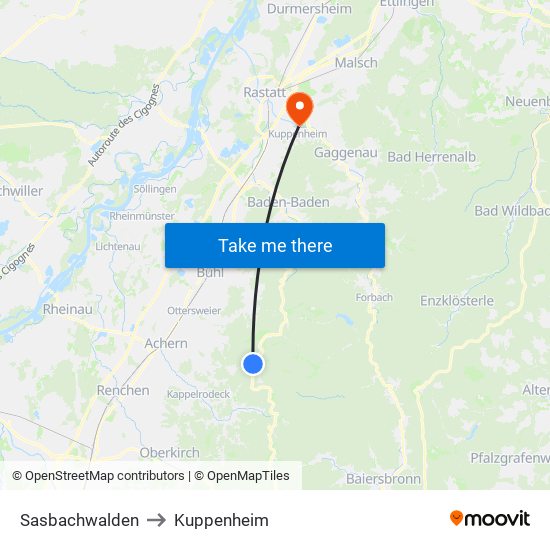 Sasbachwalden to Kuppenheim map