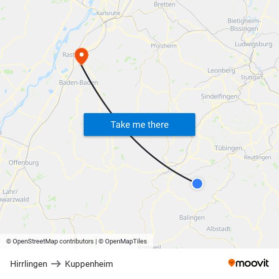 Hirrlingen to Kuppenheim map