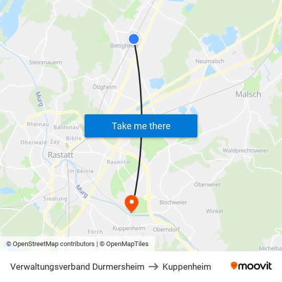 Verwaltungsverband Durmersheim to Kuppenheim map