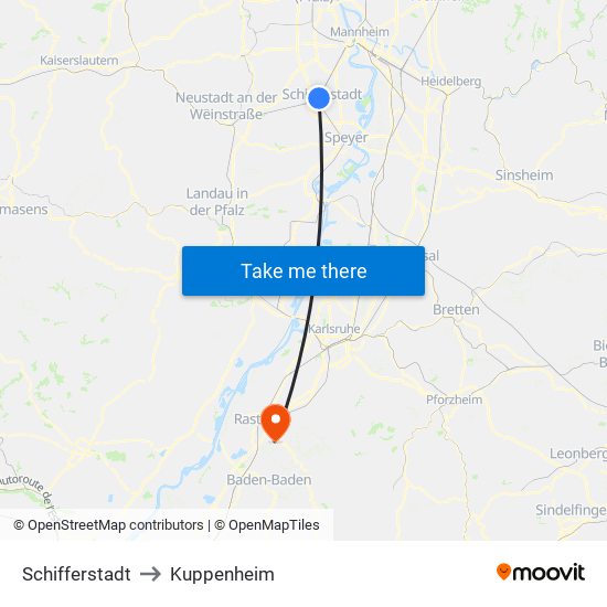 Schifferstadt to Kuppenheim map