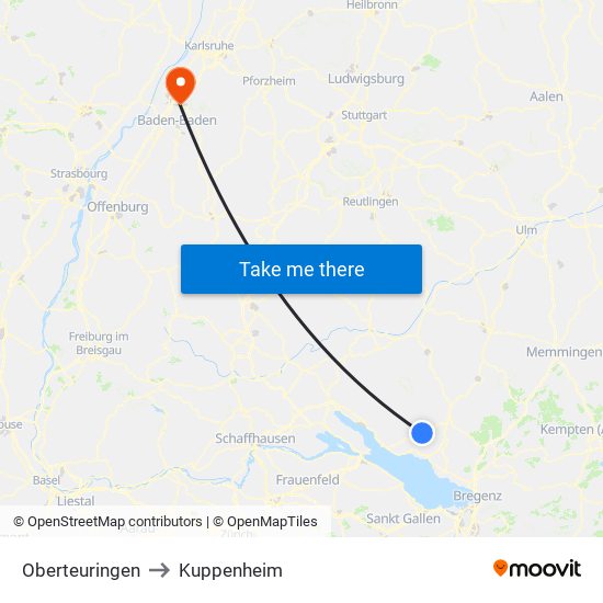 Oberteuringen to Kuppenheim map