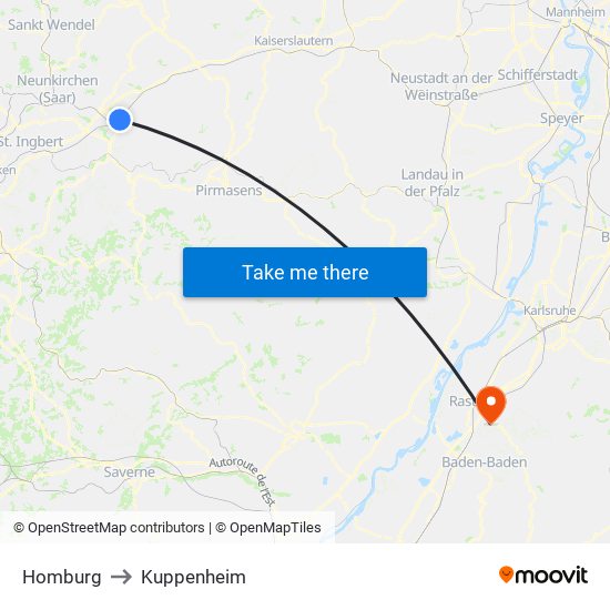 Homburg to Kuppenheim map