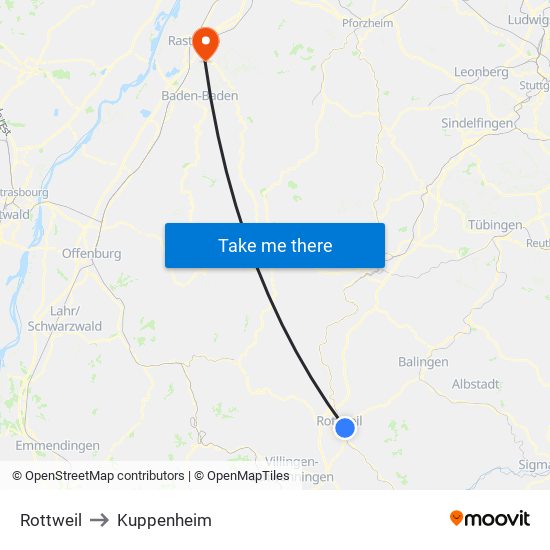 Rottweil to Kuppenheim map