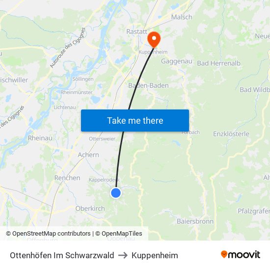 Ottenhöfen Im Schwarzwald to Kuppenheim map