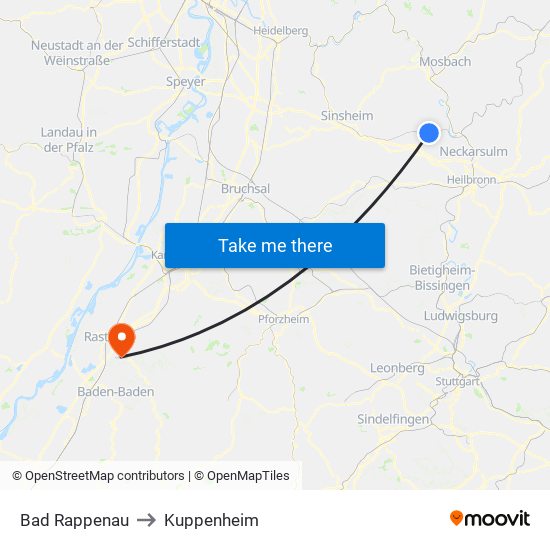 Bad Rappenau to Kuppenheim map