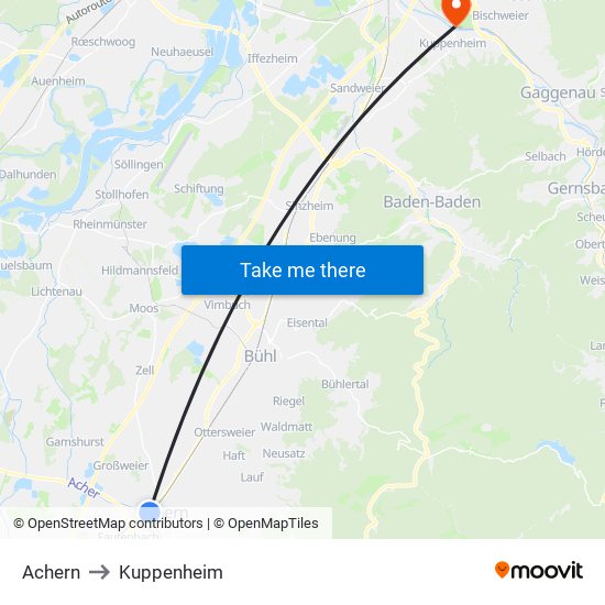 Achern to Kuppenheim map