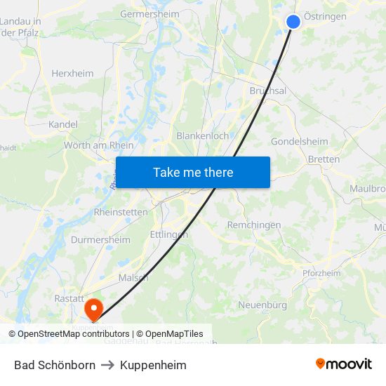 Bad Schönborn to Kuppenheim map