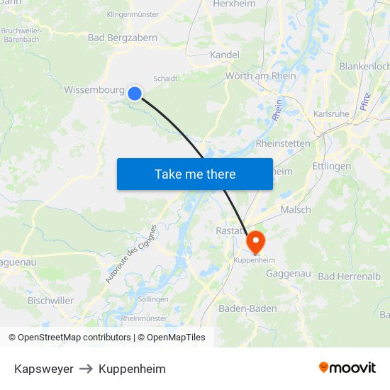 Kapsweyer to Kuppenheim map
