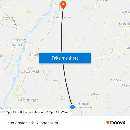 Unterkirnach to Kuppenheim map