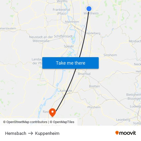 Hemsbach to Kuppenheim map