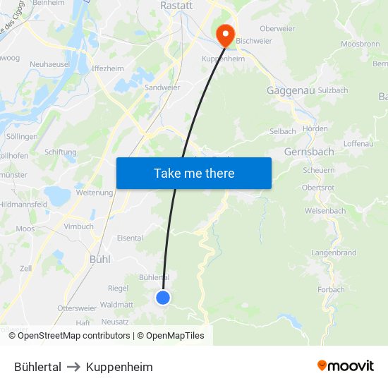 Bühlertal to Kuppenheim map