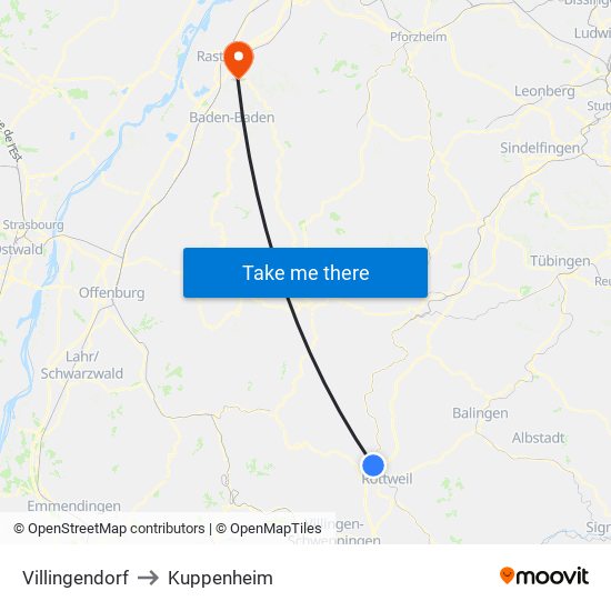 Villingendorf to Kuppenheim map