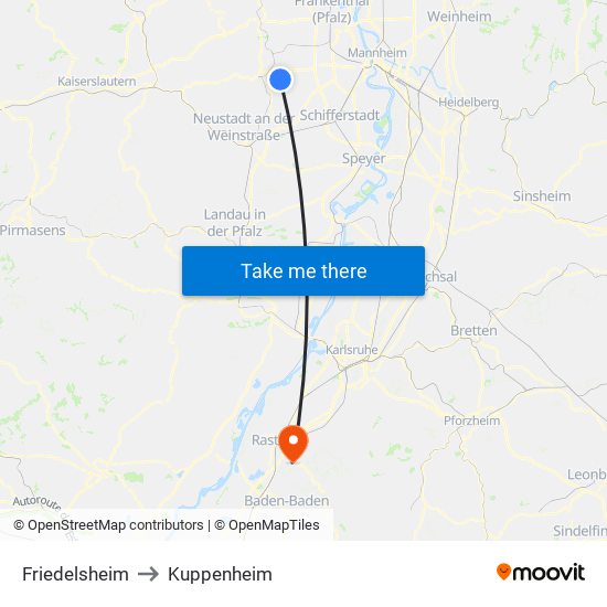 Friedelsheim to Kuppenheim map