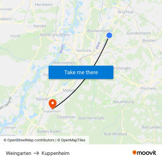 Weingarten to Kuppenheim map