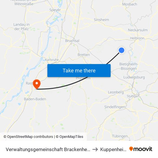 Verwaltungsgemeinschaft Brackenheim to Kuppenheim map